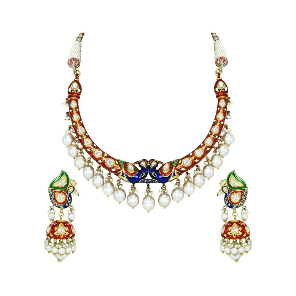 Peacock Motif Enamel Necklace Set with Polki and Pearl Drops